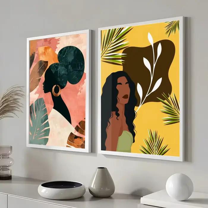 Affiche abstraite de feuilles de fleurs de femme africaine