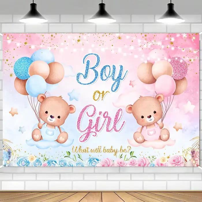 Genre ​ Décorations de fête de révélation du sexe du bébé, fournitures de décoration, bannière ours rose et bleu, fond de photographie