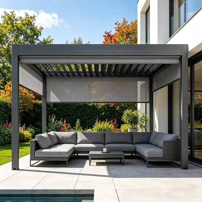 Pergola bioclimatique avec lames orientables, structure extérieure idéale pour patio, cour et jardin, espace de détente toutes saisons