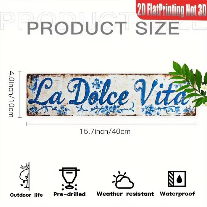 Plaque murale en métal 2D, 1 pièce, La Dolce Vita, plaque décorative italienne vintage avec motif floral bleu, 10,01 x 39,98 cm, parfaite