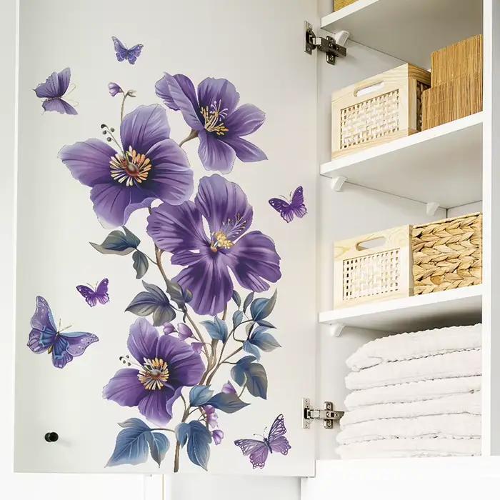 Autocollants muraux papillons et fleurs violettes pour salon et chambre à coucher – Décoration murale auto-adhésive