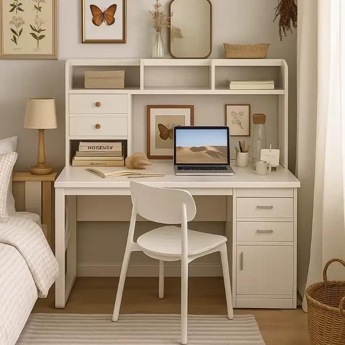 Bureau moderne en bois avec tiroirs et composants fonctionnels pour bureau à domicile et espaces de travail professionnels