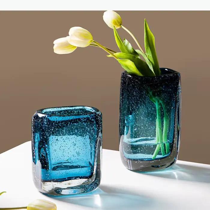 Vase en verre bleu, bouteille en verre à paroi épaisse, terrarium hydroponique, vase à fleurs carré géométrique, pot de fleurs, décoration d'intérieur