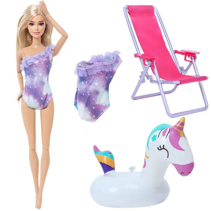 Ensemble de 3 accessoires pour poupée de 11,5 pouces (30 cm) 1/6 : Maillot de bain bikini + chaise de plage + bouée de natation – Tenue d'été pour jouet