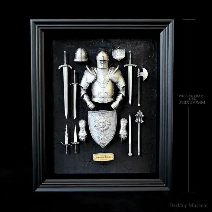 Cadre photo en résine époxy fait main et peint à la main, représentant une armure de chevalier médiéval anglais-français, décoration de bureau et de maison