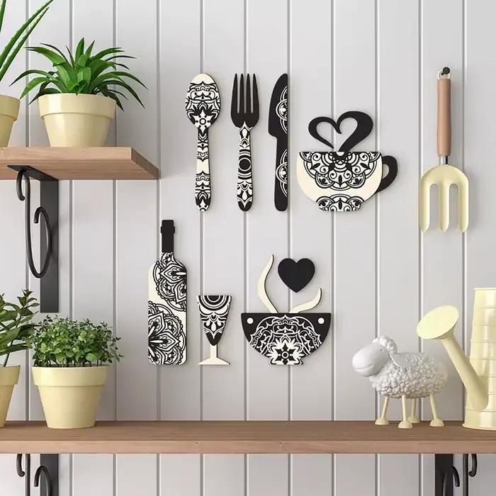 Ensemble de 8 décorations murales en bois noir et blanc sur le thème du café et du vin, avec adhésif, décoration de cuisine