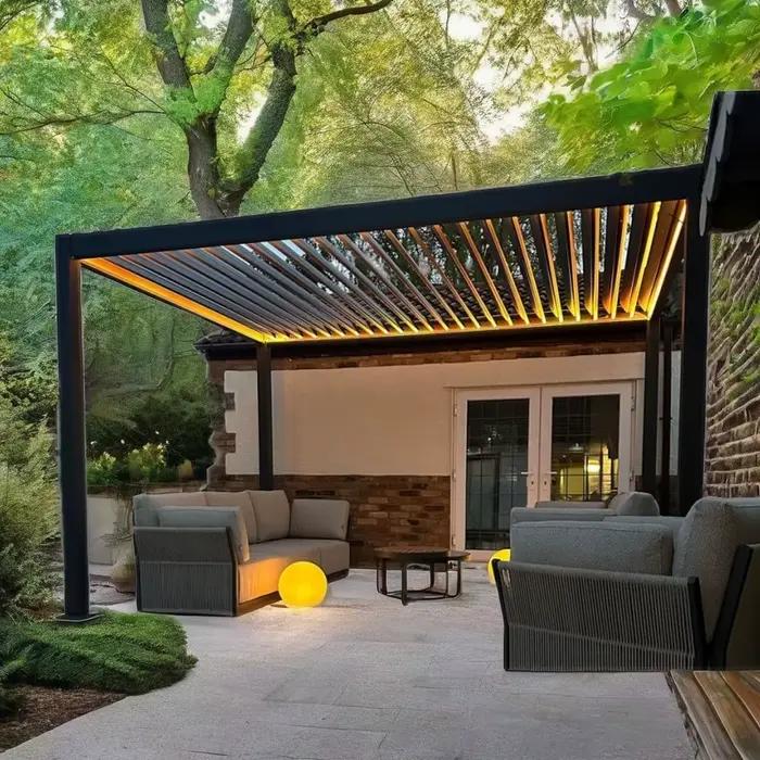 Pergola motorisée en aluminium tonnelle bioclimatique lumières LED toit à persiennes portes coulissantes en verre Patio Gazebo Pergola