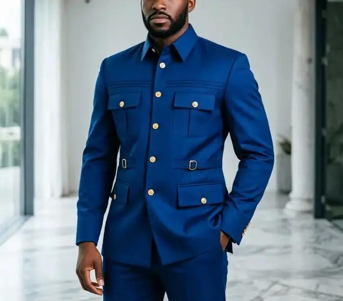 Costume Safari pour homme, ensemble de costume noir fonctionnel multi-poches pour le bureau, les affaires, les occasions décontractées et le quotidien.