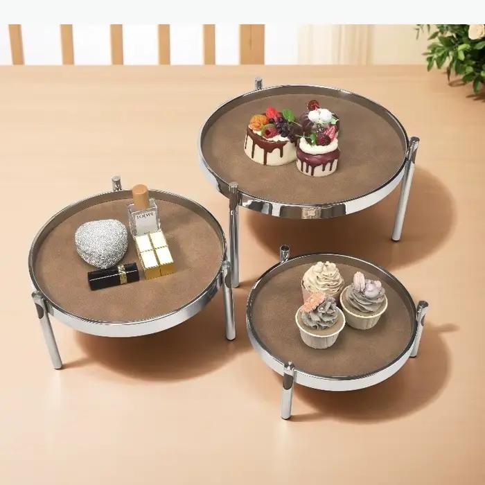 Plateau en cuir et acier inoxydable sur pieds hauts, plateau de rangement, plateau à bijoux, support à gâteaux, présentoir, plateau à rafraîchissements, assiette à dessert