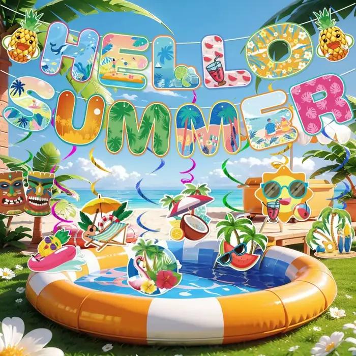 Décorations de fête d'été, bannières colorées sur le thème de la plage et de la piscine, décorations de plage, guirlande pour les fournitures de fête estivale