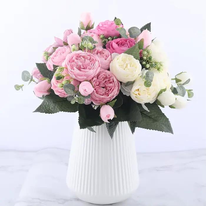 Bouquet de fleurs artificielles de pivoine rose, Vase de Table pour la maison, décor de mariage, fausses fleurs d'intérieur, Arrangement de fête de jardin de noël