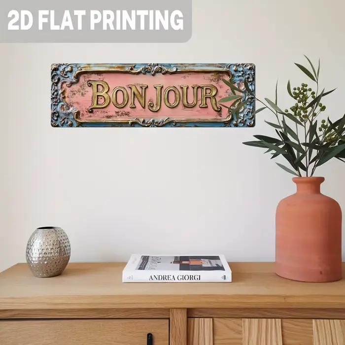 Panneau français vintage en bois "Bonjour"