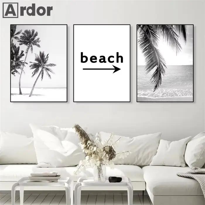 Toile d'Art Mural de Paysage de Plage en Noir et Blanc