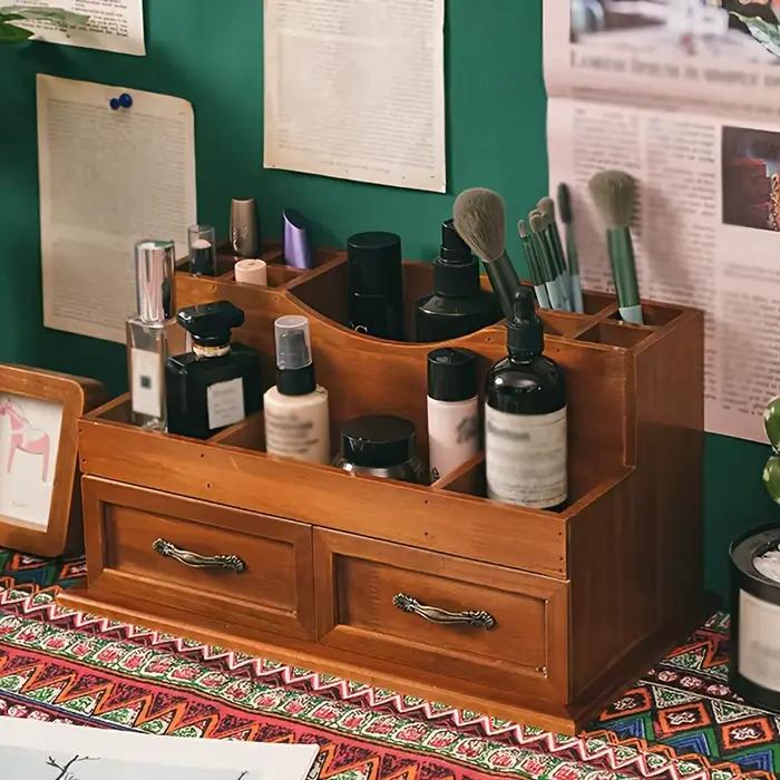 Organisateur de bureau en bois d'inspiration vintage – Vieurs compartiments pour cosmétiques et fournitures
