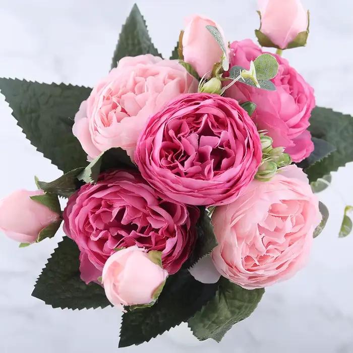 Bouquet de fleurs artificielles de pivoine rose, Vase de Table pour la maison, décor de mariage, fausses fleurs d'intérieur, Arrangement de fête de jardin de noël