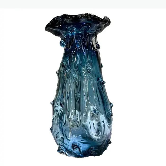 Vase en verre bleu à ondulations, accessoires pour arrangements floraux, hydroponie, terrarium, pot de fleurs, accessoires de décoration intérieure