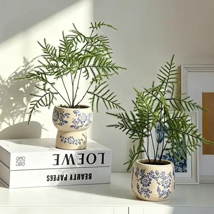 Pot de fleurs en céramique rétro style Zen avec fougère asperge artificielle pour la décoration apaisante de la maison