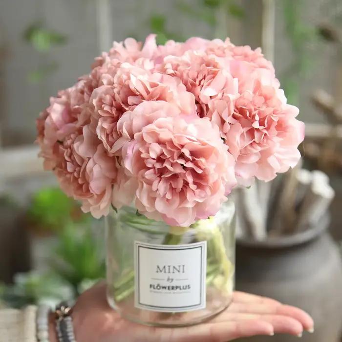 Bouquet de Pivoines Artificielles pour Décoration de Mariage, Fausses Fleurs, Hortensias Bon Marché, 5 Têtes