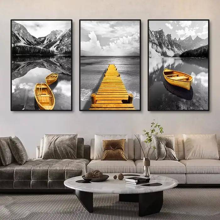 Toile de paysage de bateau jaune sur le lac