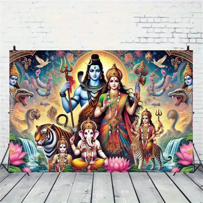 Shiva famille tapisserie dieu hindou Parvati Ganesha Kartikeya toile Art tenture murale Temple décor à la maison cadeau spirituel salle de Yoga