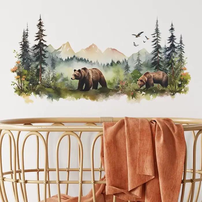 Autocollants muraux ours brun forêt peint