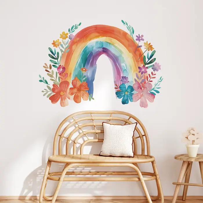 Autocollant mural arc-en-ciel avec feuilles et fleurs colorées