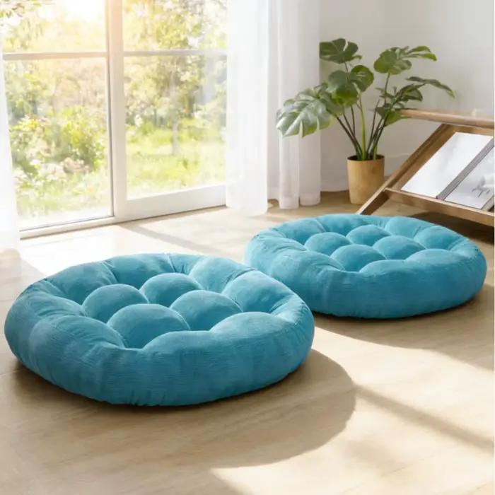 Coussin rond épais et grand, doux et confortable, rembourré, pour la méditation et le yoga, décoration bohème zen pour la maison en bleu aqua vibrant