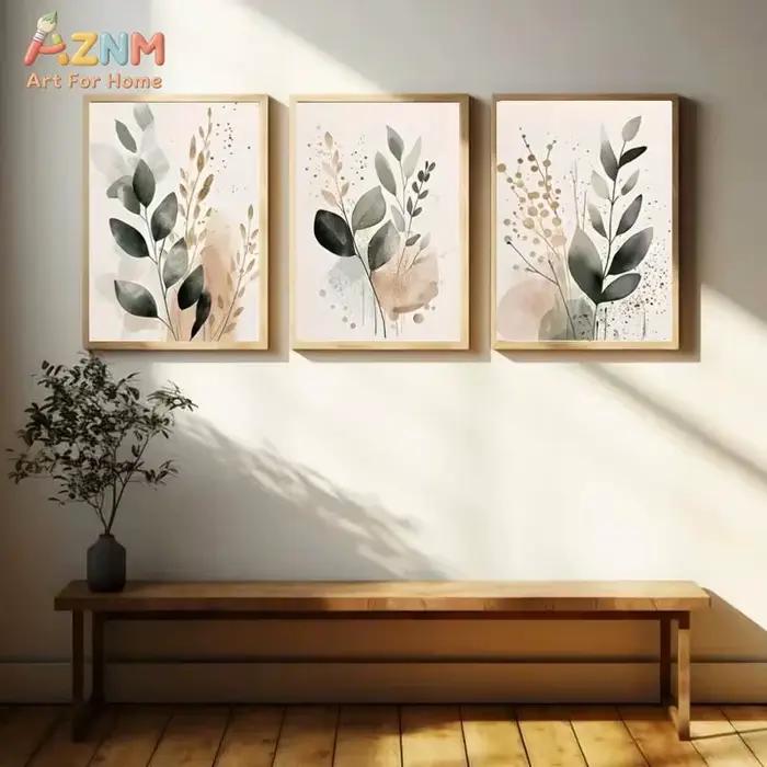 Lot de 3 impressions sur toile neutres à l'aquarelle d'eucalyptus