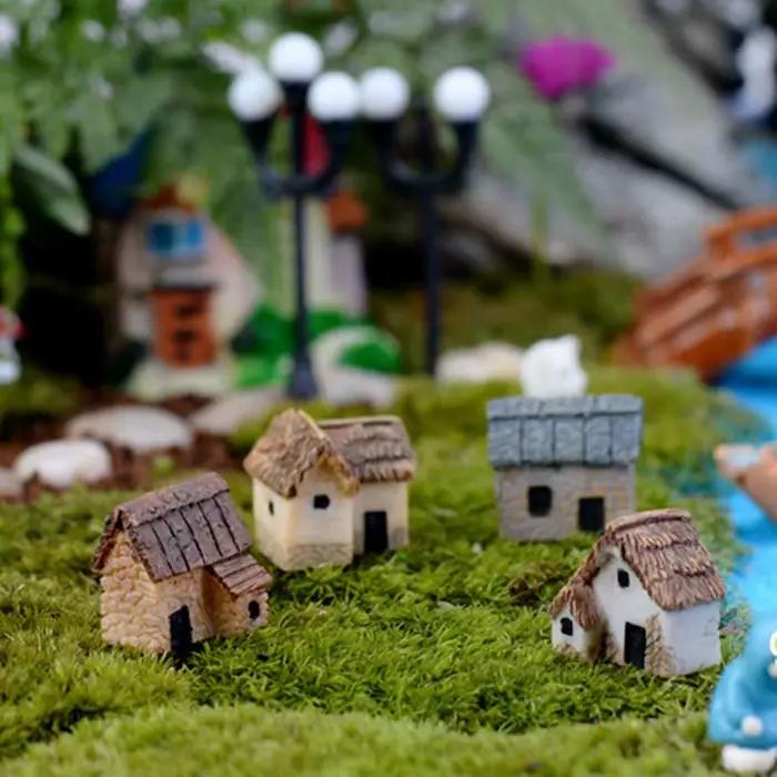 2 pièces maison fantaisie Miniatures petit paysage chalet résine artisanat ornement Mini Figurines mousse Terrarium décor