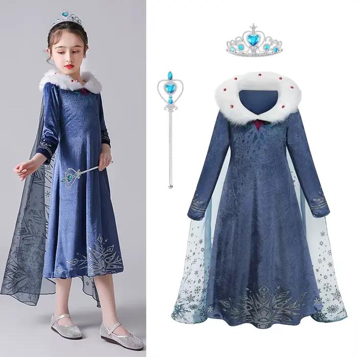 Costume de reine Elsa pour filles, robe en velours avec Cape détachable, col en fausse fourrure, tenue luxueuse de fête d'anniversaire et d'halloween la reine des neiges