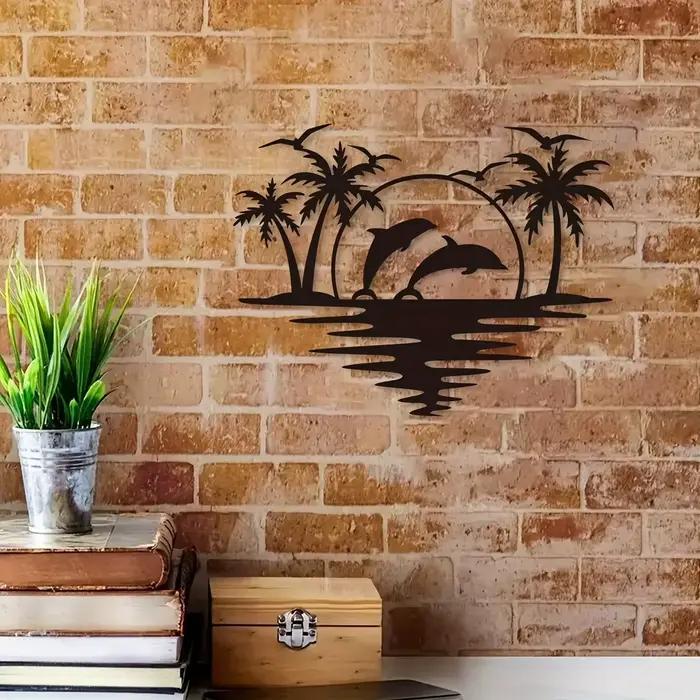 Artisanat décoratif créatif en fer forgé représentant un dauphin, une cocotier et une plage, parfait pour l'intérieur et l'extérieur, idéal pour le salon, la chambre, le couloir, autocollants muraux