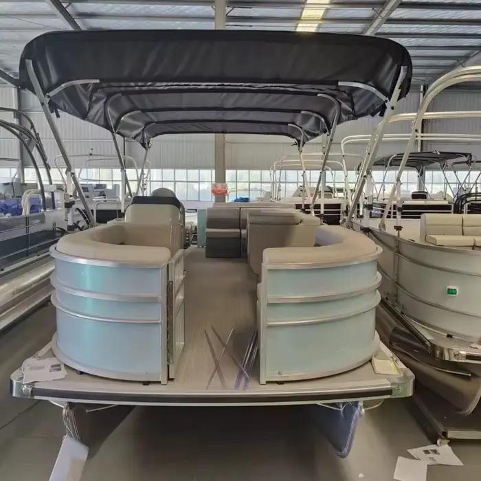 Bateau ponton de luxe personnalisé pour fêtes, avec moteur hors-bord, coque en fibre de verre, bateau flottant pour les entreprises
