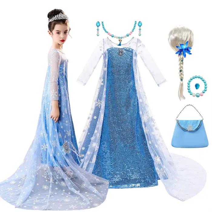 Robe Elsa pour filles, costume de princesse reine des neiges fantaisie avec cape, robe de carnaval d'Halloween