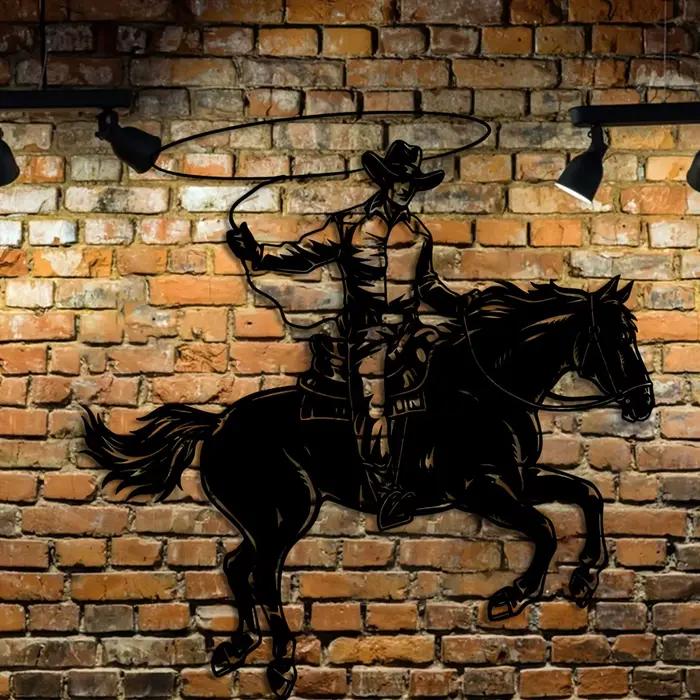 Décoration murale en métal Art Deco Cowboy pour intérieur et extérieur protégé, sculpture d'équitation inspirée du Texas, élégante pour occasions spéciales et collectionnage