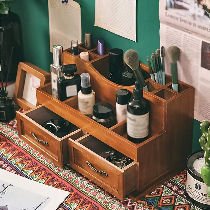 Organisateur de bureau en bois d'inspiration vintage – Vieurs compartiments pour cosmétiques et fournitures