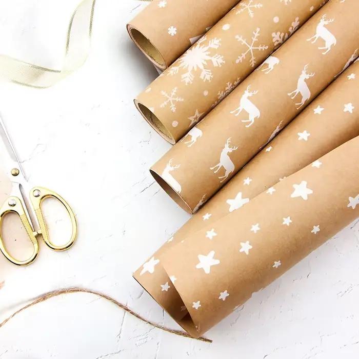 Papier d'emballage décoratif marron, rouleau de papier cadeau de noël, emballage Kraft rétro arbre de noël flocon de neige, papier d'emballage cadeau, bricolage