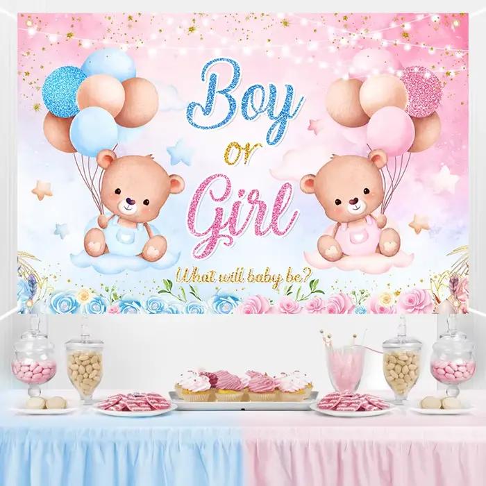 Genre ​ Décorations de fête de révélation du sexe du bébé, fournitures de décoration, bannière ours rose et bleu, fond de photographie