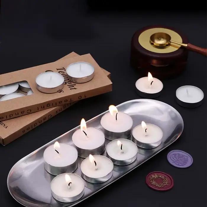 Boites de 10 bougies chauffe-plat sans fumée sans parfum 2.5 heures de combustion blanches decorations de fete d anniversaire pour usage interieur et exterieur