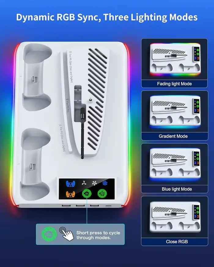 Support de refroidissement pour PS5/Slim/Pro, avec Station de charge de contrôleur LED, ventilateur de refroidissement à 3 vitesses pour accessoires de Console PlayStation 5