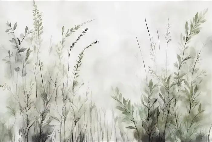 Papier peint mural sur mesure avec texture aquarelle feuilles vert sauge pour chambres