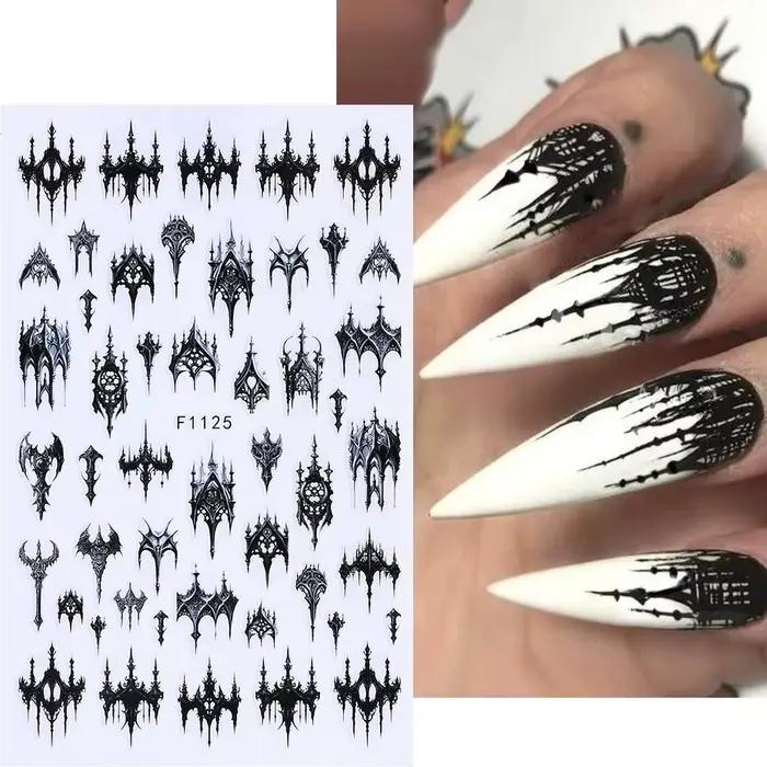Autocollants gothiques 3D noirs pour ongles halloween design alphabet lettres chateau dentelle crâne nail art occasionnels