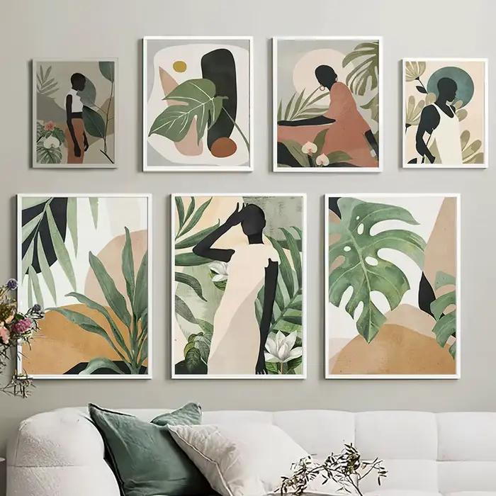 Peinture sur toile abstraite de femme africaine avec feuilles