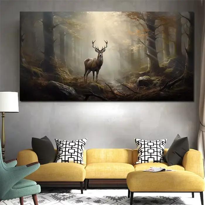 Affiche de cerf vintage en forêt brumeuse mystique avec animaux sauvages peinture sur toile pour décor de maison et chambre à coucher occassions spéciales