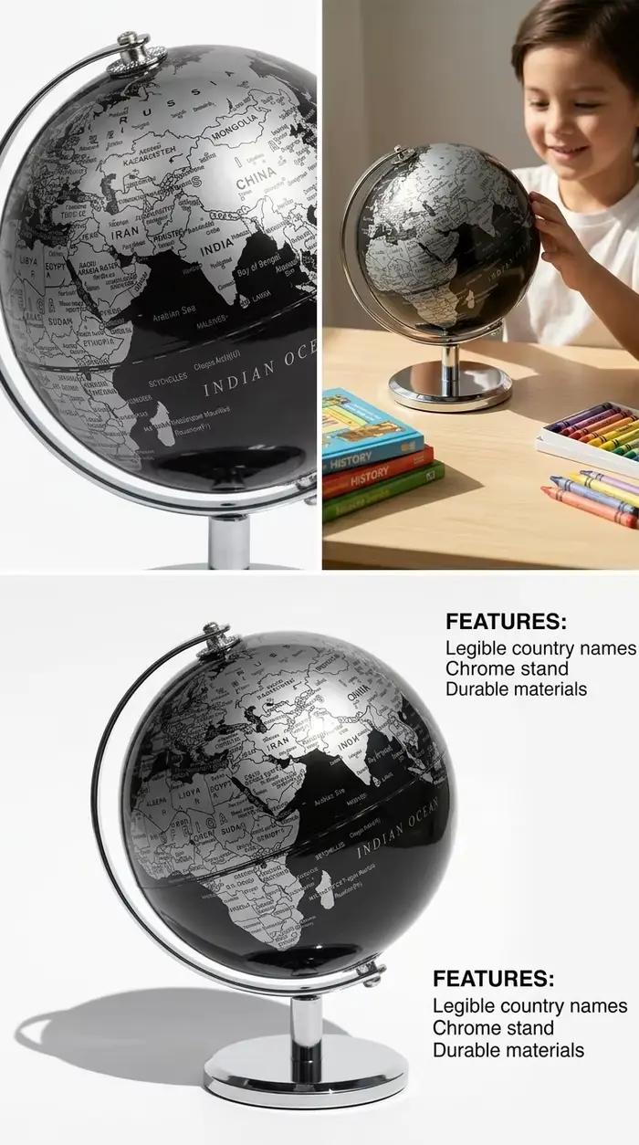 Petit globe terrestre noir et or