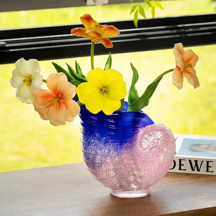 Vase en verre en forme de coquillage simulé, accessoire floral, bouteille en verre transparent dégradé, pot de fleurs