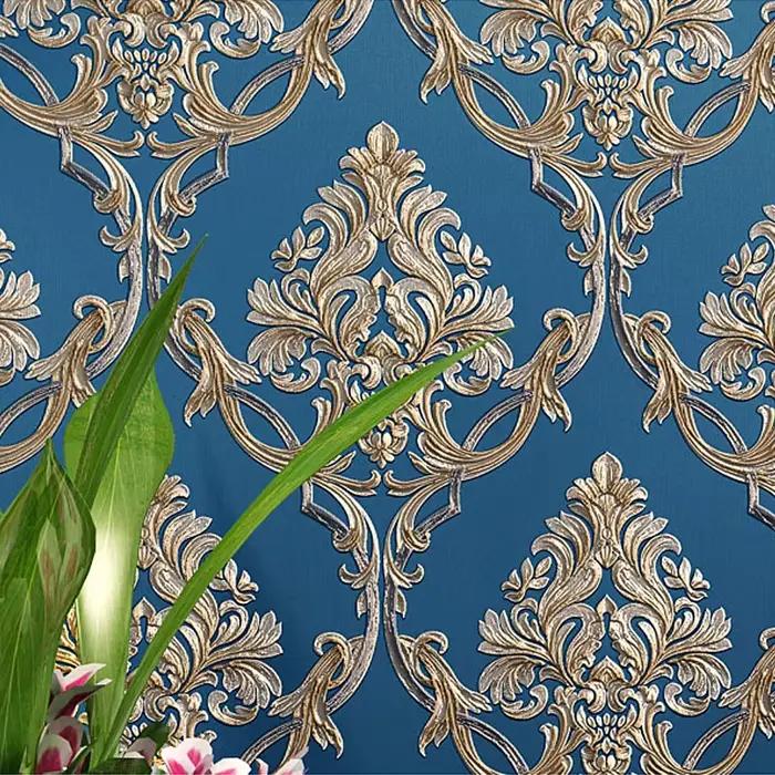 Style européen bleu damassé 3D PVC en relief papier peint de luxe chambre salon rayé vinyle