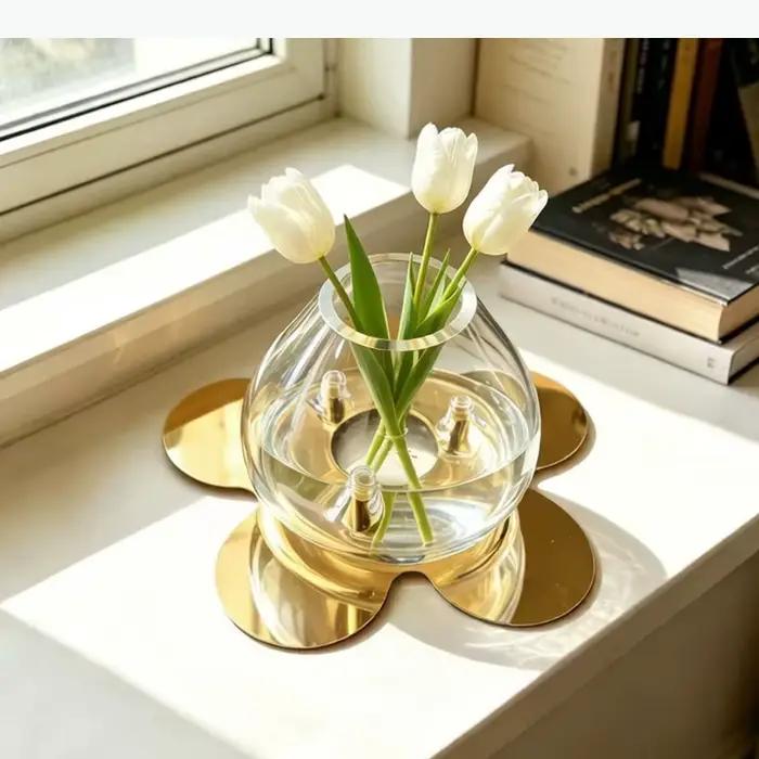 Vase en verre Alien avec base en métal, vases hydroponiques, ornement pour arrangement floral, vase décoratif, décoration esthétique pour la pièce