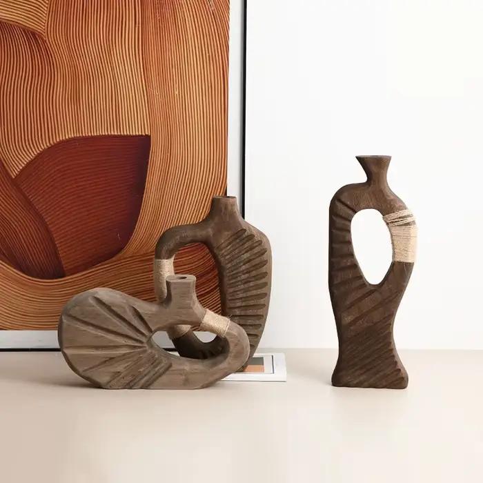 Vase en bois fait main, abstrait, ajouré, en bois naturel, accessoires pour arrangements floraux, corde de chanvre, décoration intérieure