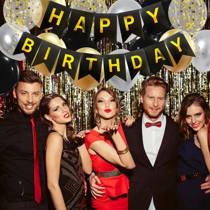 ‌ Décoration de fête d'anniversaire en or noir – 16 ballons et rubans