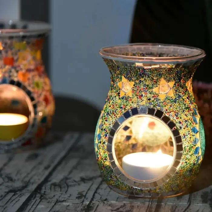 Bougeoir Aromatique en Verre Mosaïque Coloré avec Diffuseur d'Huile Essentielle pour Salon Occasions Spéciales Décoration Intérieure Relaxation Atmосhère Romantique
